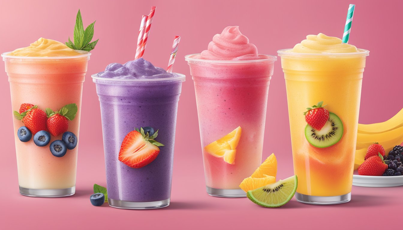 A colorful display of fresh fruit smoothies and iced tea options at Chick-fil-A, with vibrant logos and enticing garnishes