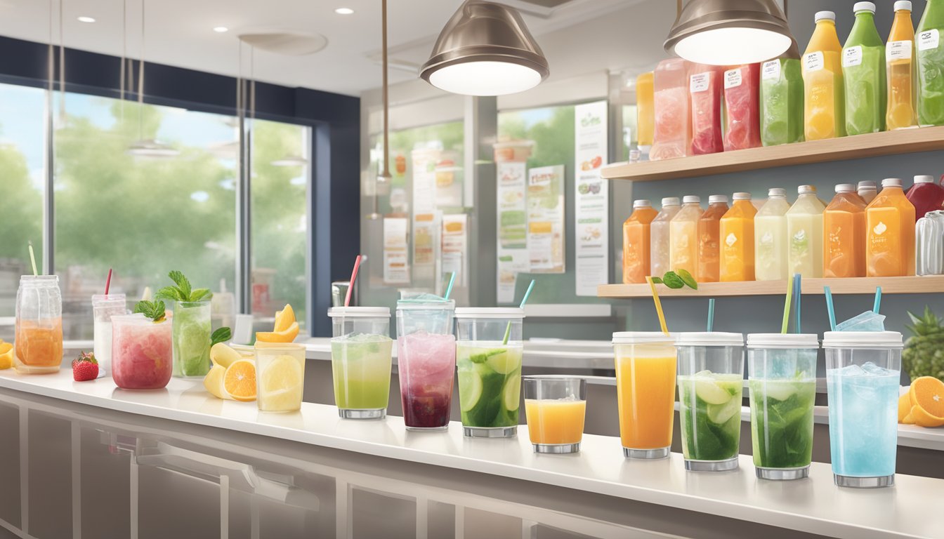 A variety of healthy beverage options displayed on a clean, modern counter at Chick-fil-A, including freshly squeezed juices, fruit-infused water, and unsweetened iced tea