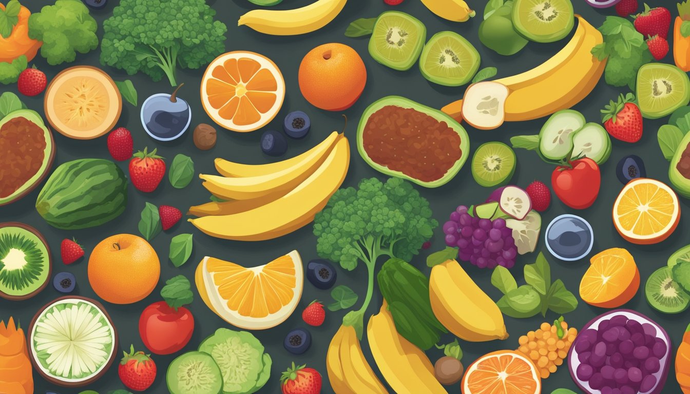 A colorful array of fruits, vegetables, grains, and lean proteins spread out on a table, showcasing the variety of healthy options for a balanced diet