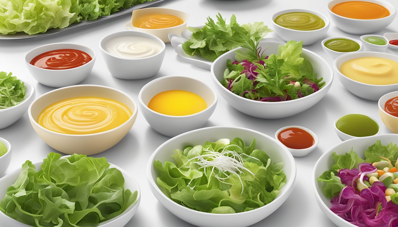 A colorful array of fresh salad dressings and sauces displayed on a clean, modern table setting