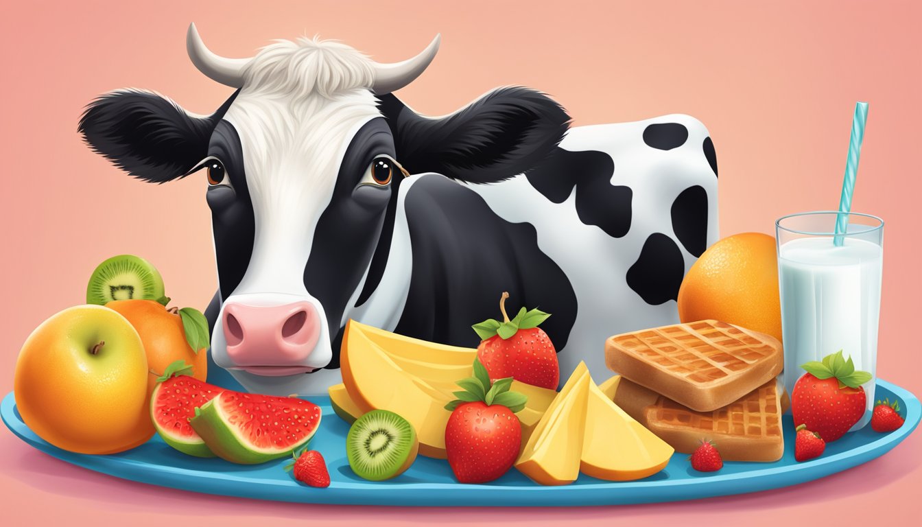 A colorful tray filled with fresh fruit, grilled nuggets, and a side of milk, set against a playful backdrop of a smiling cow and cheerful children