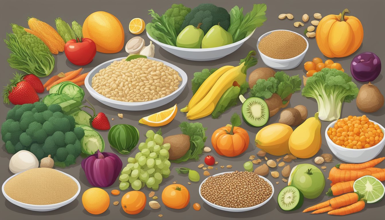 A colorful array of fresh fruits, vegetables, whole grains, and lean proteins arranged on a table, with a variety of dietary labels displayed