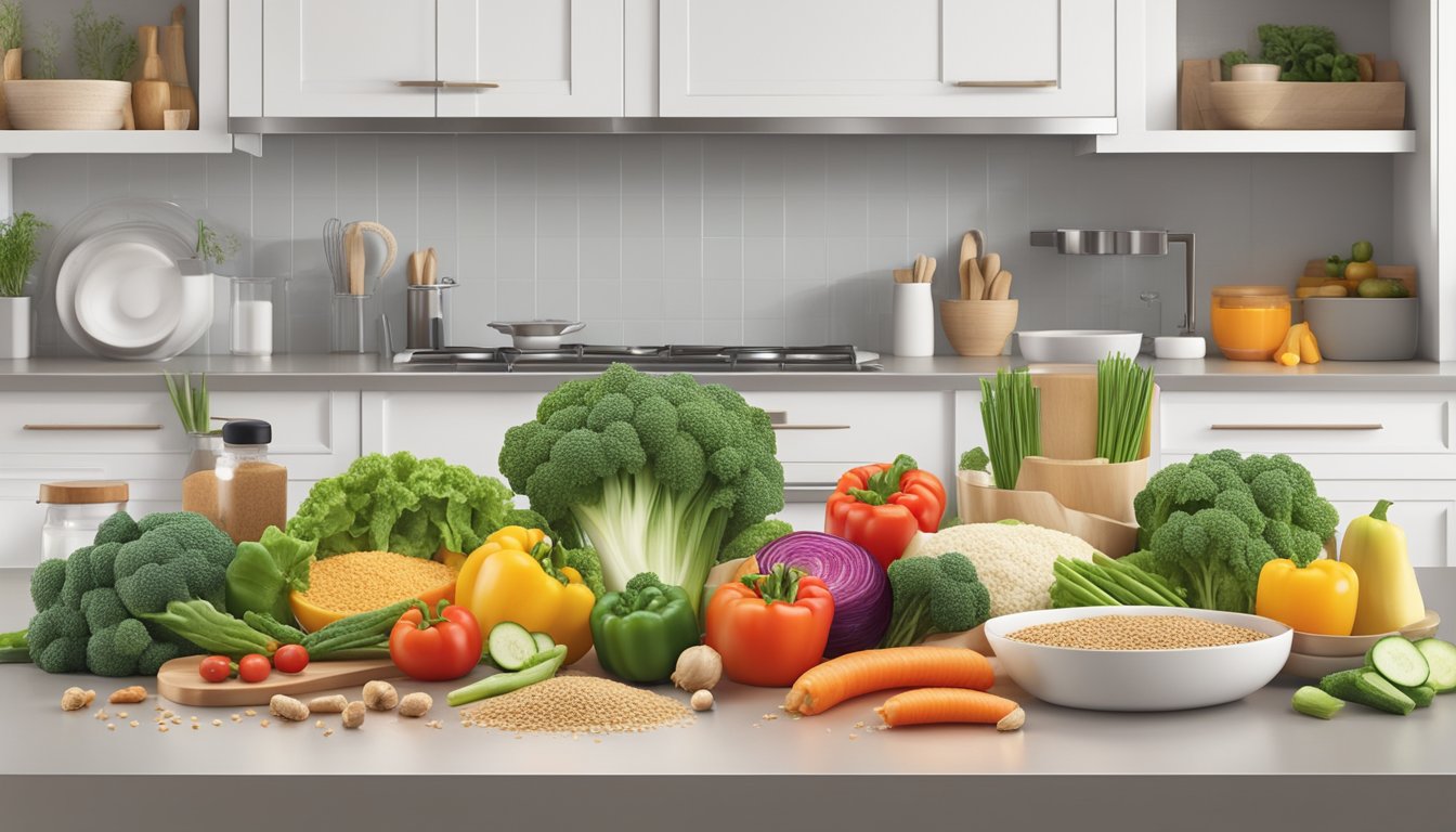 A colorful spread of fresh vegetables, lean proteins, and whole grains arranged on a clean, modern kitchen counter