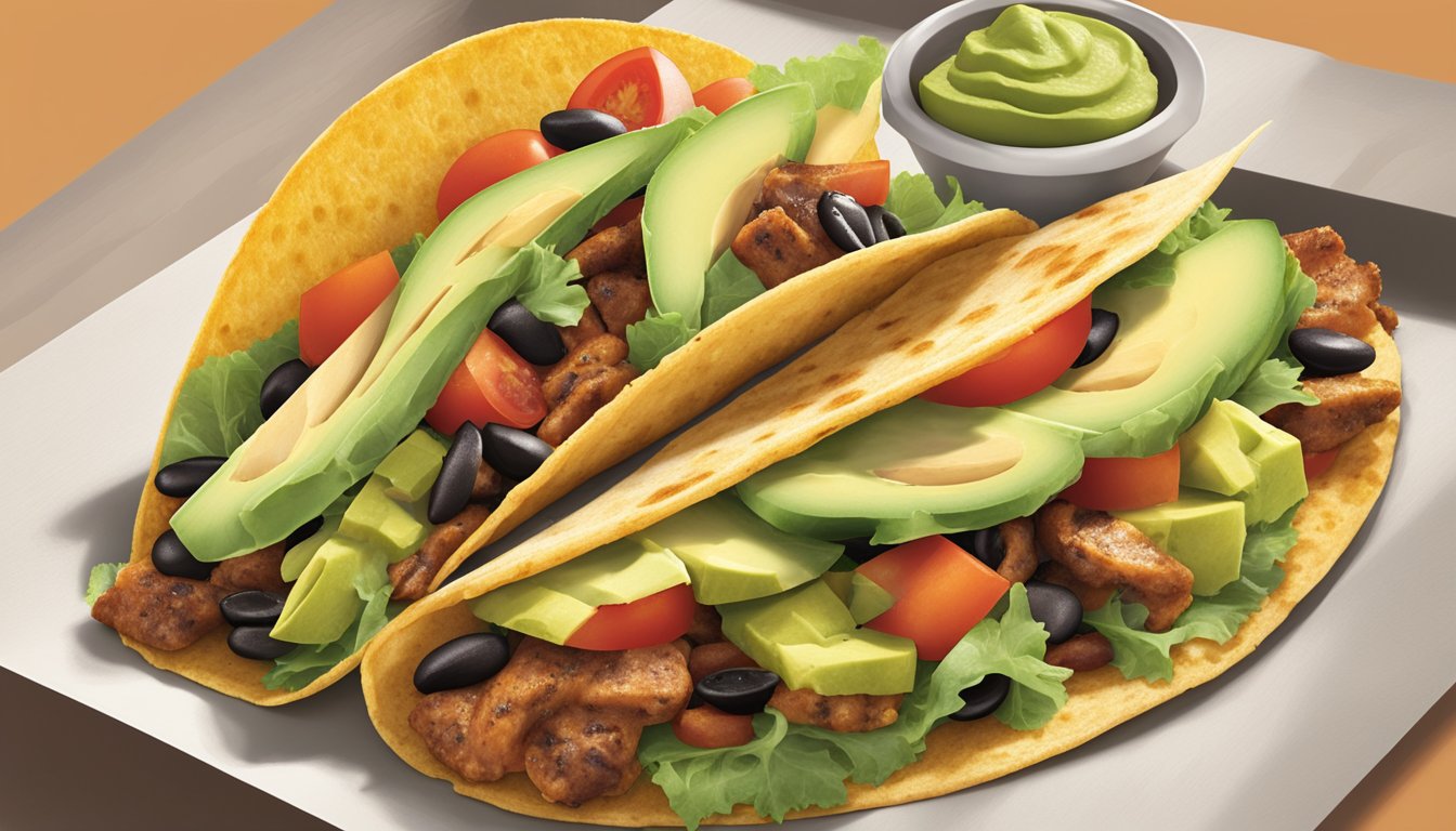 A colorful spread of fresh ingredients like lettuce, tomatoes, and avocados, alongside grilled chicken and black beans, displayed on a Taco Bell menu