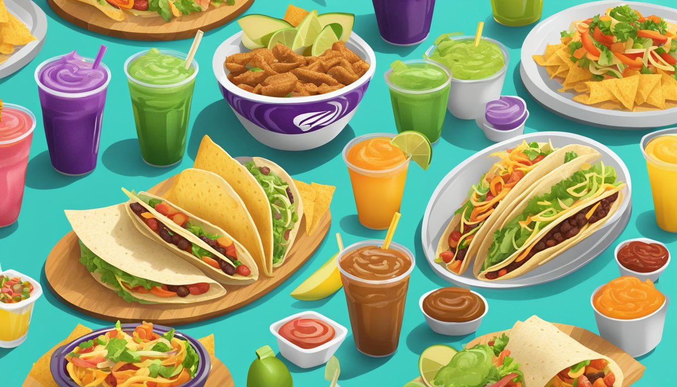 A table with a variety of colorful and fresh taco bell healthy options, including drinks and sides, arranged in an appetizing display