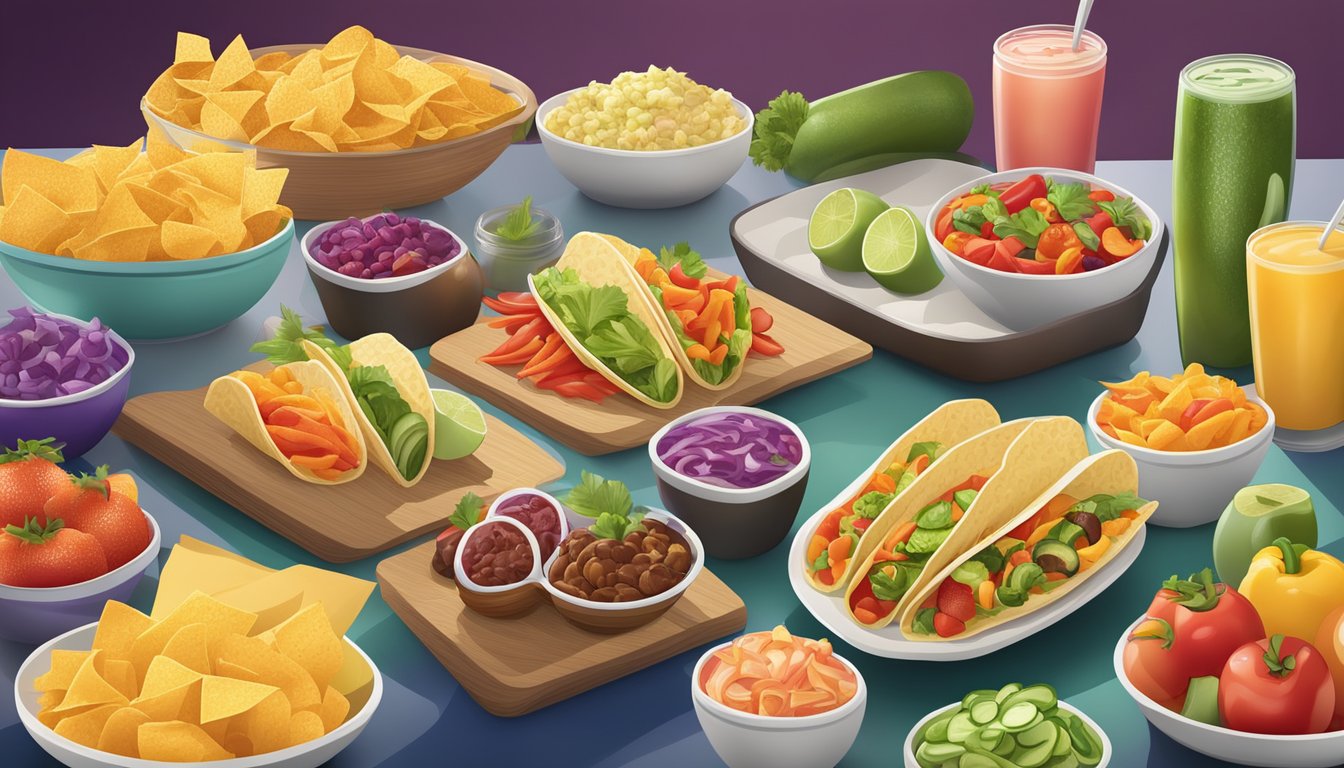 A colorful display of fresh vegetables and fruits arranged next to a variety of wholesome side dishes and snacks at a Taco Bell restaurant