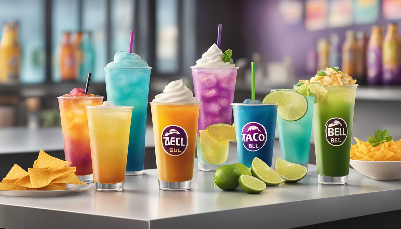 A variety of colorful and refreshing beverages displayed on a clean and modern countertop at Taco Bell