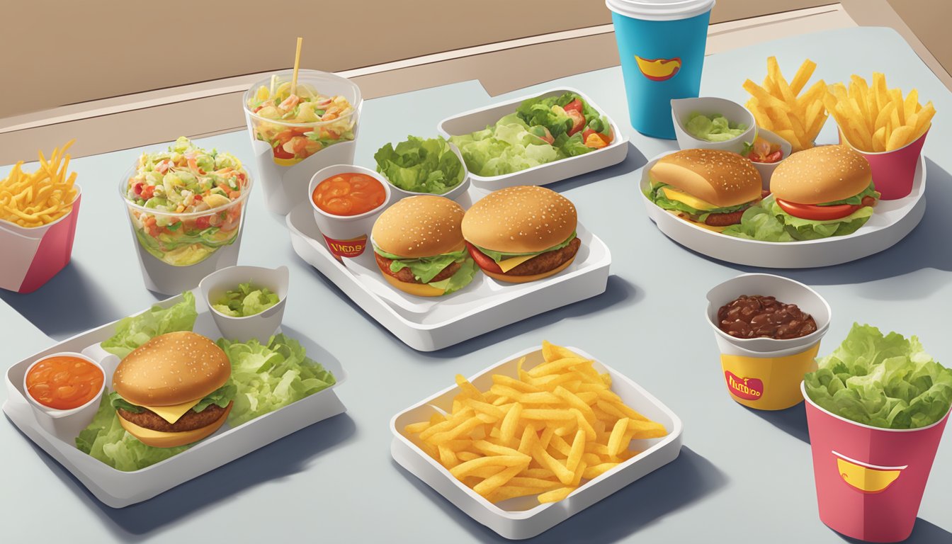 A table with a variety of McDonald's menu items, including salads, grilled chicken sandwiches, and fruit cups, next to a display of their nutritional information