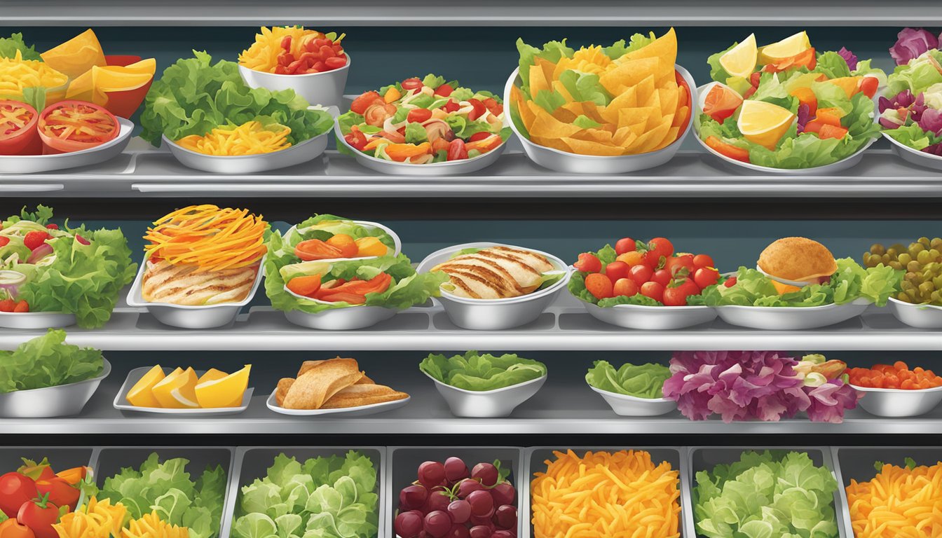 A colorful array of fresh salads, fruit cups, and grilled chicken wraps displayed on a vibrant, inviting McDonald's menu board