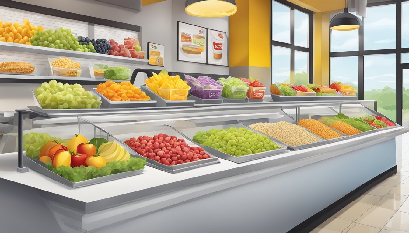 A colorful display of fresh fruits, salads, and yogurt parfaits arranged next to the classic fast food items at a McDonald's counter