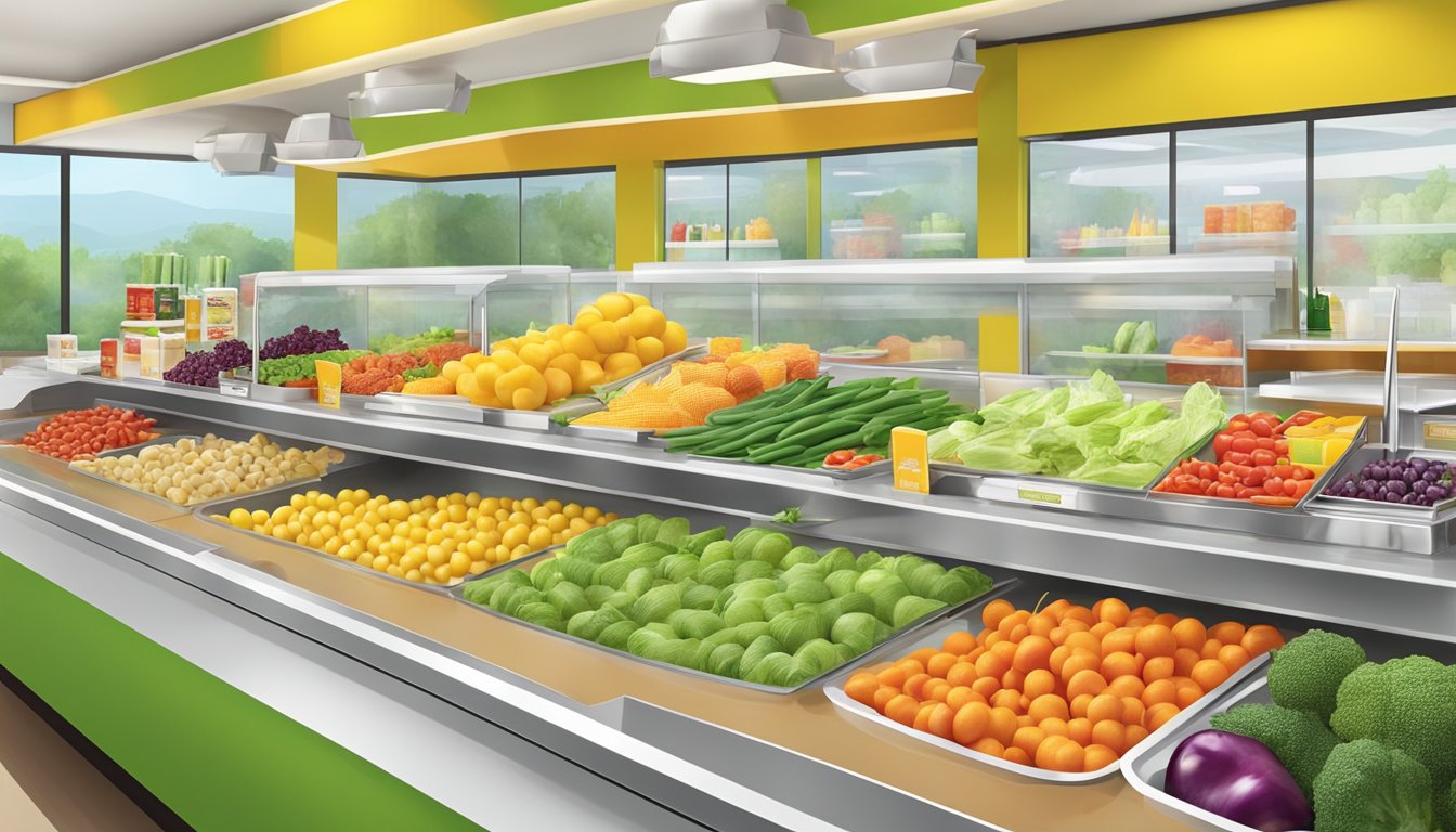 A colorful array of fresh vegetables, fruits, and other healthy condiments displayed on a clean, modern serving counter at McDonald's