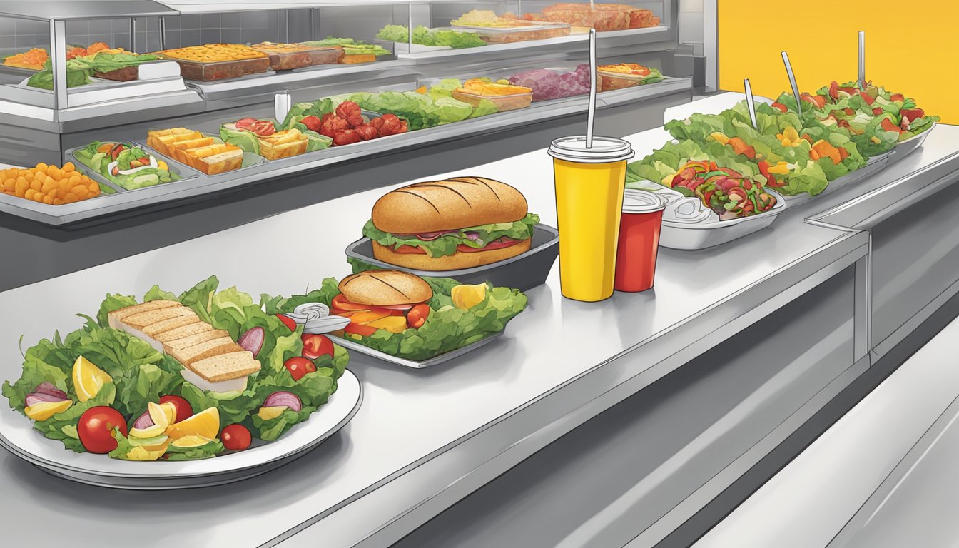 A colorful array of fresh salads, grilled chicken sandwiches, and fruit cups displayed on a clean, modern counter at McDonald's