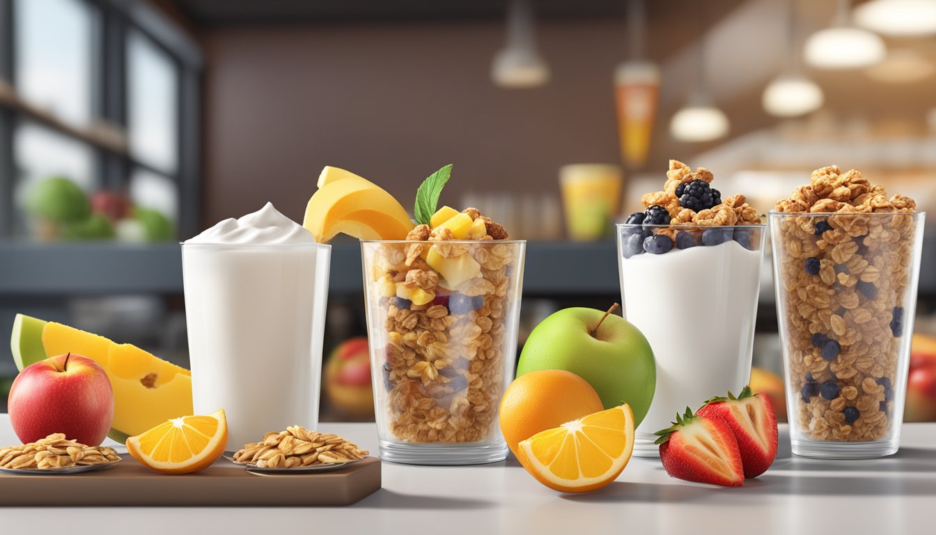 A colorful display of fresh fruit, yogurt parfaits, and granola bars arranged on a clean, modern counter at a McDonald's restaurant