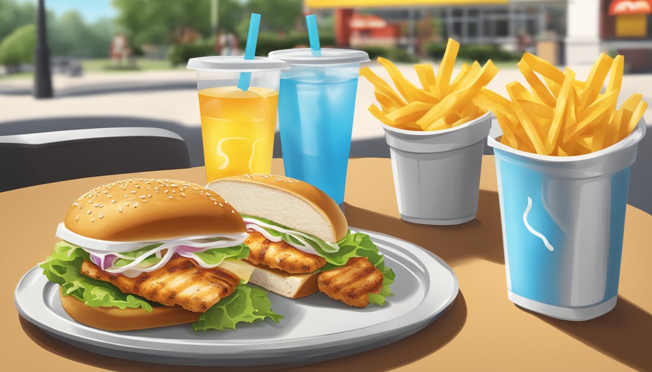 A tray of grilled chicken sandwich, side salad, and water on a table at a McDonald's restaurant