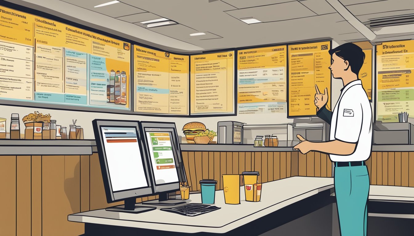 A person standing in front of a McDonald's menu, pointing at the healthy options section while a server offers guidance