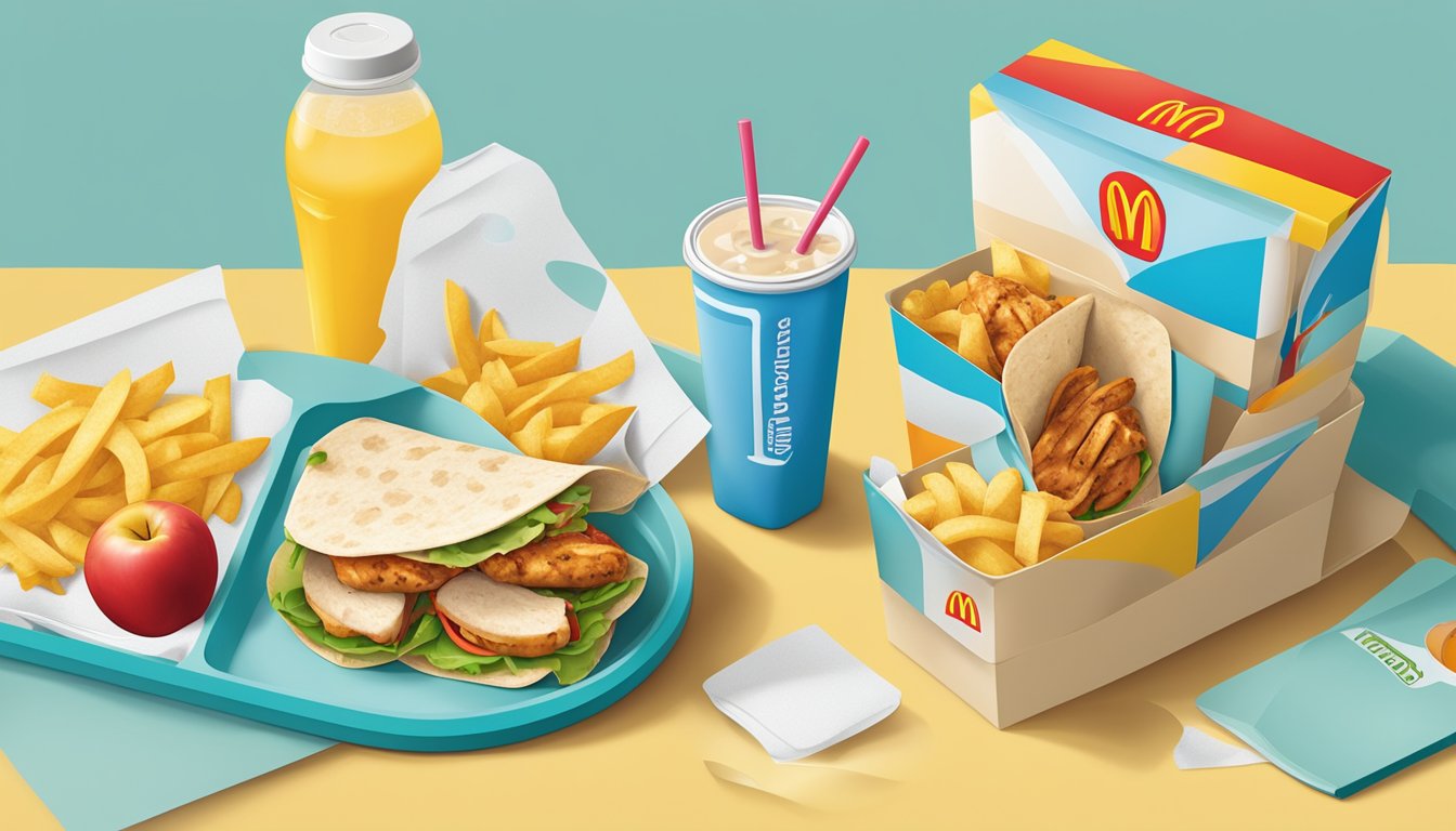 A colorful tray with a grilled chicken wrap, apple slices, and a small bottle of water, all neatly arranged in a McDonald's kids' meal box