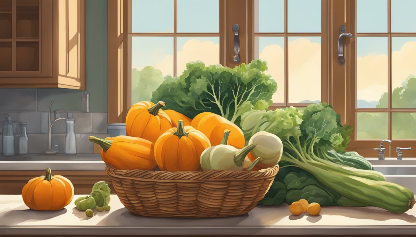 A whole butternut squash sits on a kitchen countertop next to a basket of other organic produce, with natural light streaming in from a nearby window