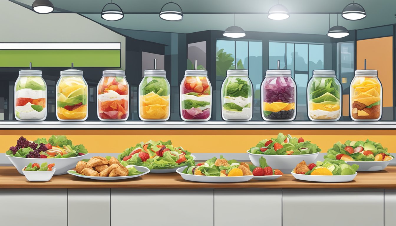 A colorful array of fresh salads and fruit cups displayed alongside grilled chicken wraps and yogurt parfaits at a McDonald's counter