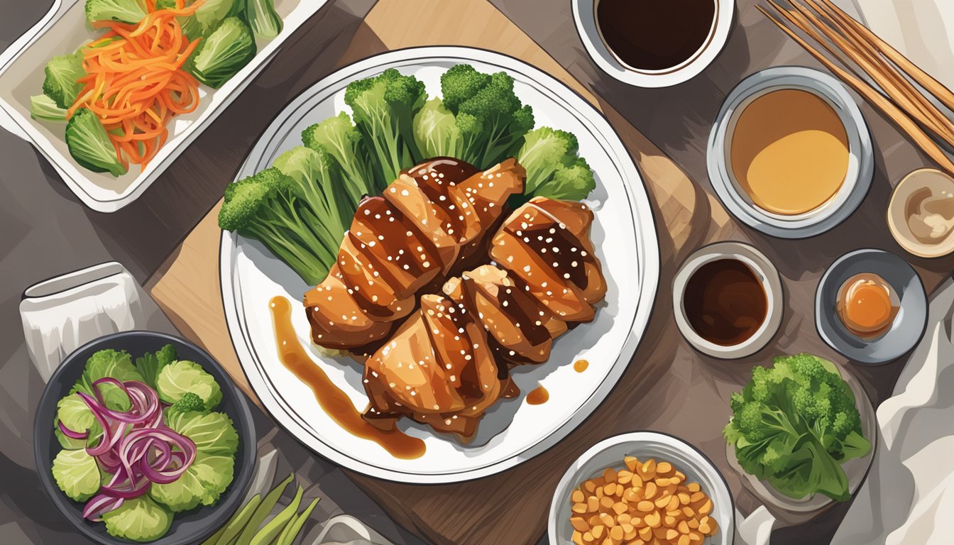 A plate of teriyaki chicken sits on a kitchen counter, surrounded by fresh vegetables and a bottle of teriyaki sauce