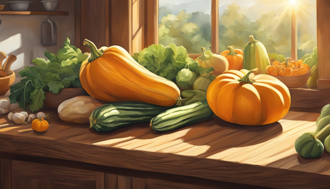 A vibrant butternut squash sits on a rustic wooden kitchen counter, surrounded by other fresh organic produce. Sunlight streams in through a nearby window, casting a warm glow on the scene