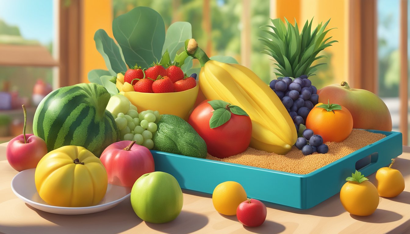 A colorful array of fresh fruits, vegetables, and whole grains arranged on a vibrant tray, alongside a small toy, in a cheerful, sunny setting