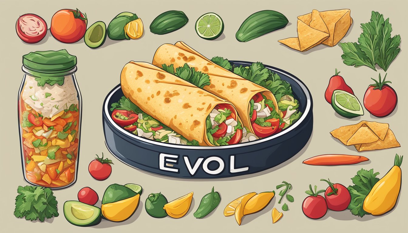 A colorful, appetizing chicken burrito surrounded by fresh ingredients and labeled with "Evol" branding