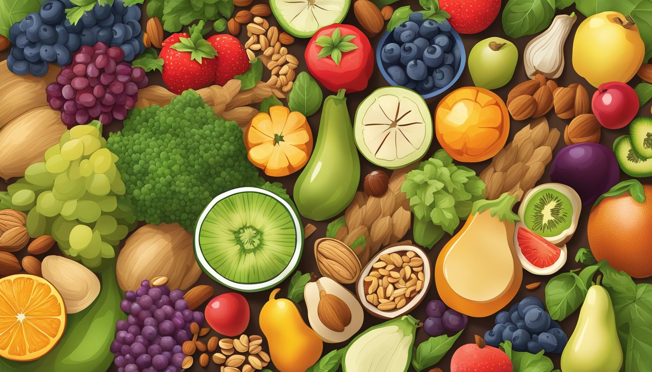 A colorful array of fruits, vegetables, nuts, and whole grains arranged in a vibrant and appetizing display