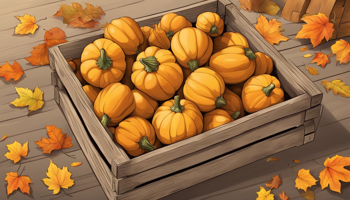 A pile of earthbound farm organic butternut squash sits in a wooden crate, surrounded by autumn leaves and gourds