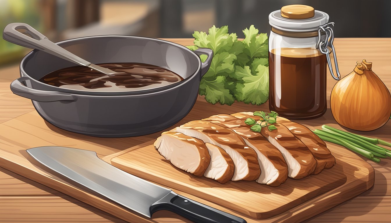 A bottle of teriyaki sauce sits next to a cooked chicken breast on a cutting board, with a knife and a container for storage nearby