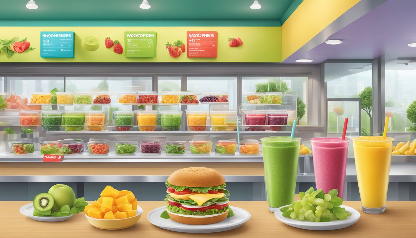 A colorful display of fresh fruit smoothies and salads at a McDonald's restaurant