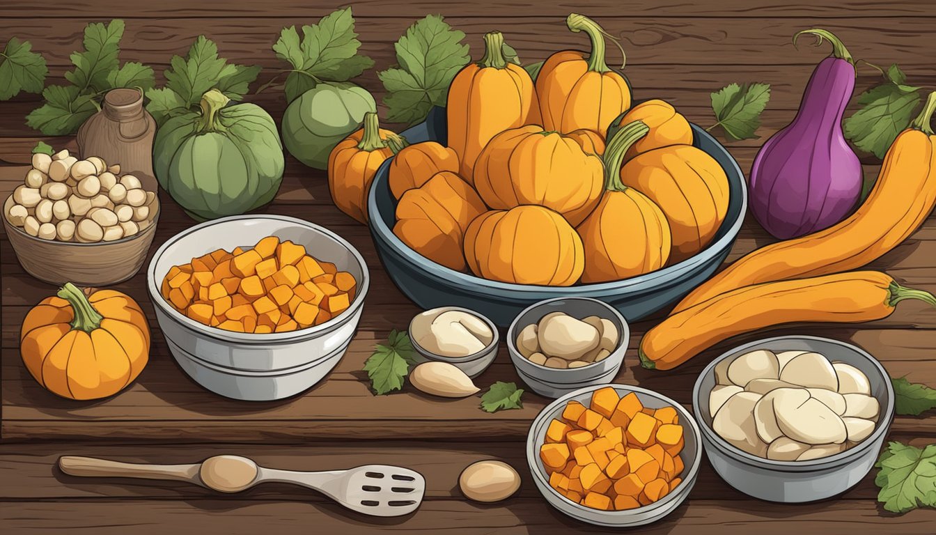 A colorful array of fresh butternut squash arranged on a rustic wooden table, with various kitchen utensils and ingredients scattered around