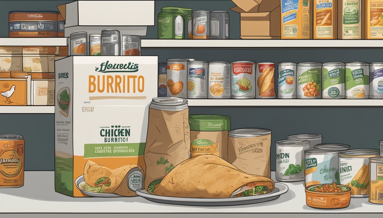 A chicken burrito sits on a shelf in a pantry, surrounded by cans and boxes of non-perishable food items. The expiration date on the burrito package is clearly visible