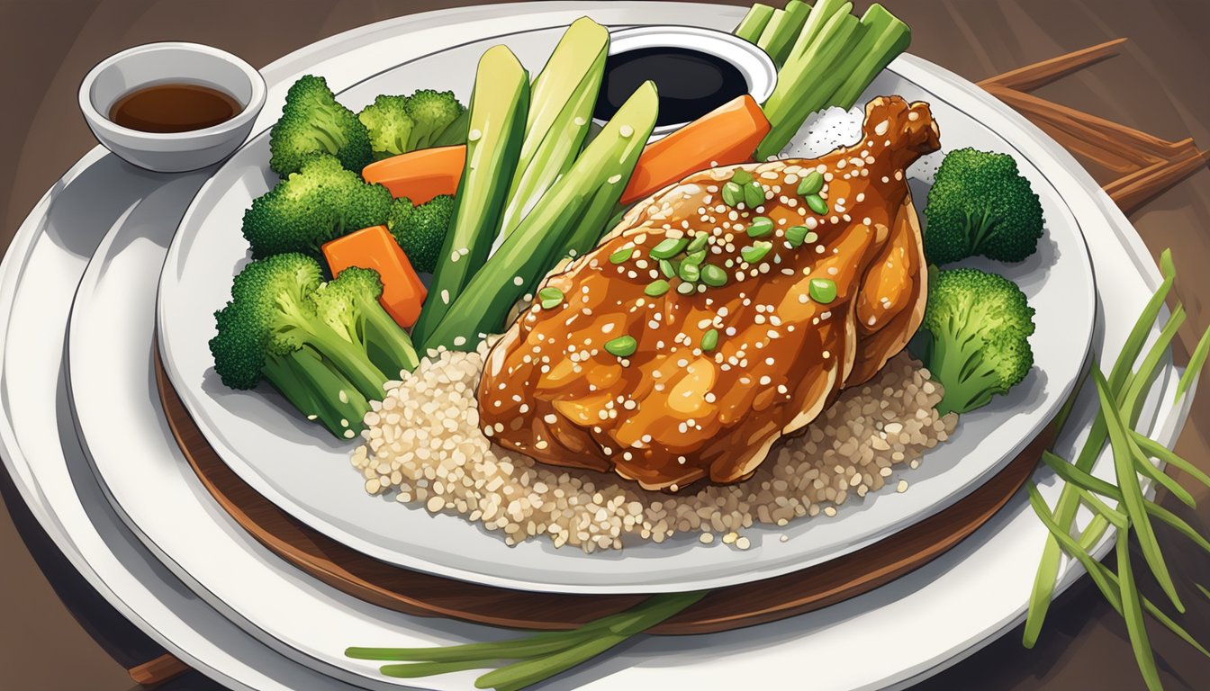 A sizzling teriyaki chicken dish on a white plate, surrounded by steamed vegetables and topped with sesame seeds