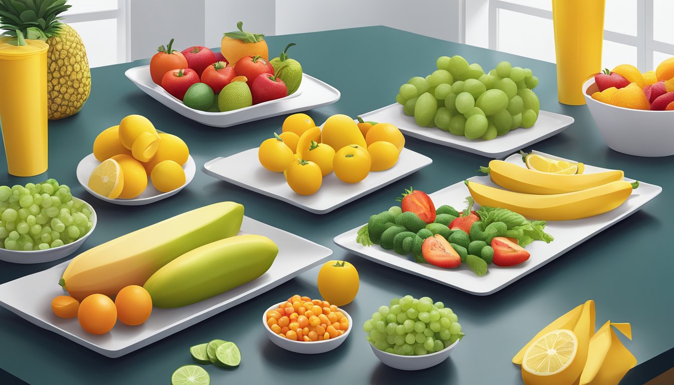 A colorful array of fresh fruits and vegetables arranged on a clean, modern table at a McDonald's restaurant