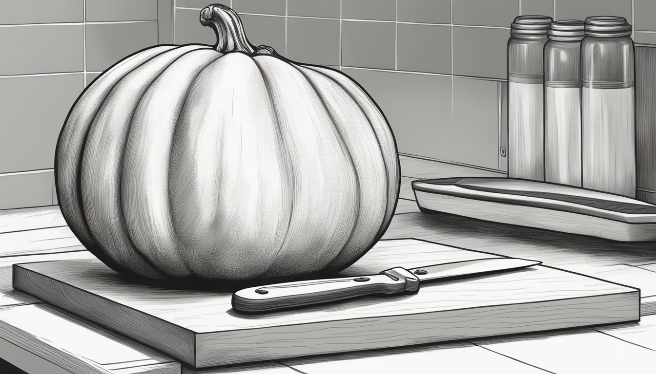 A butternut squash sits on a kitchen counter next to a knife and cutting board, ready to be prepared