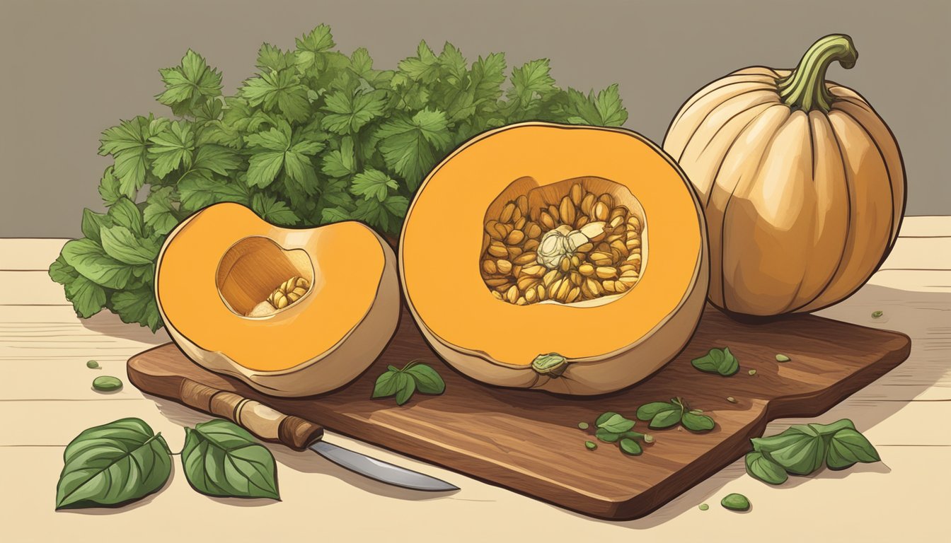 A butternut squash sits on a wooden cutting board, surrounded by fresh herbs and a sharp knife. The squash is firm and vibrant in color, indicating its freshness