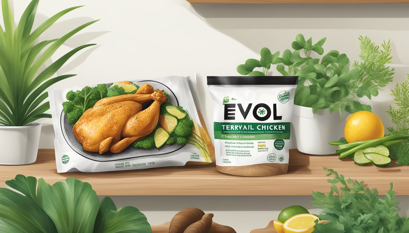 A sealed package of Evol teriyaki chicken sits on a shelf, surrounded by greenery and natural elements