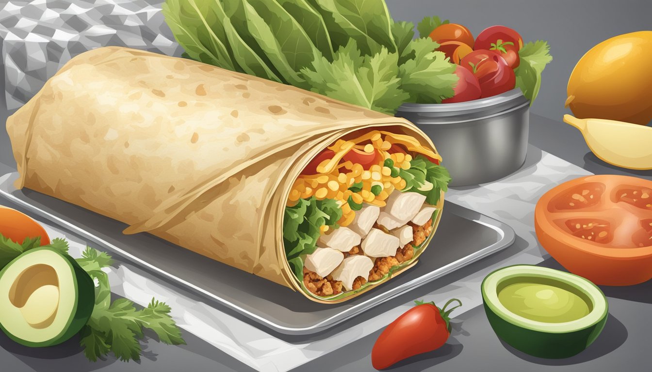 A chicken burrito is wrapped in foil and placed in a refrigerator next to a variety of fresh ingredients