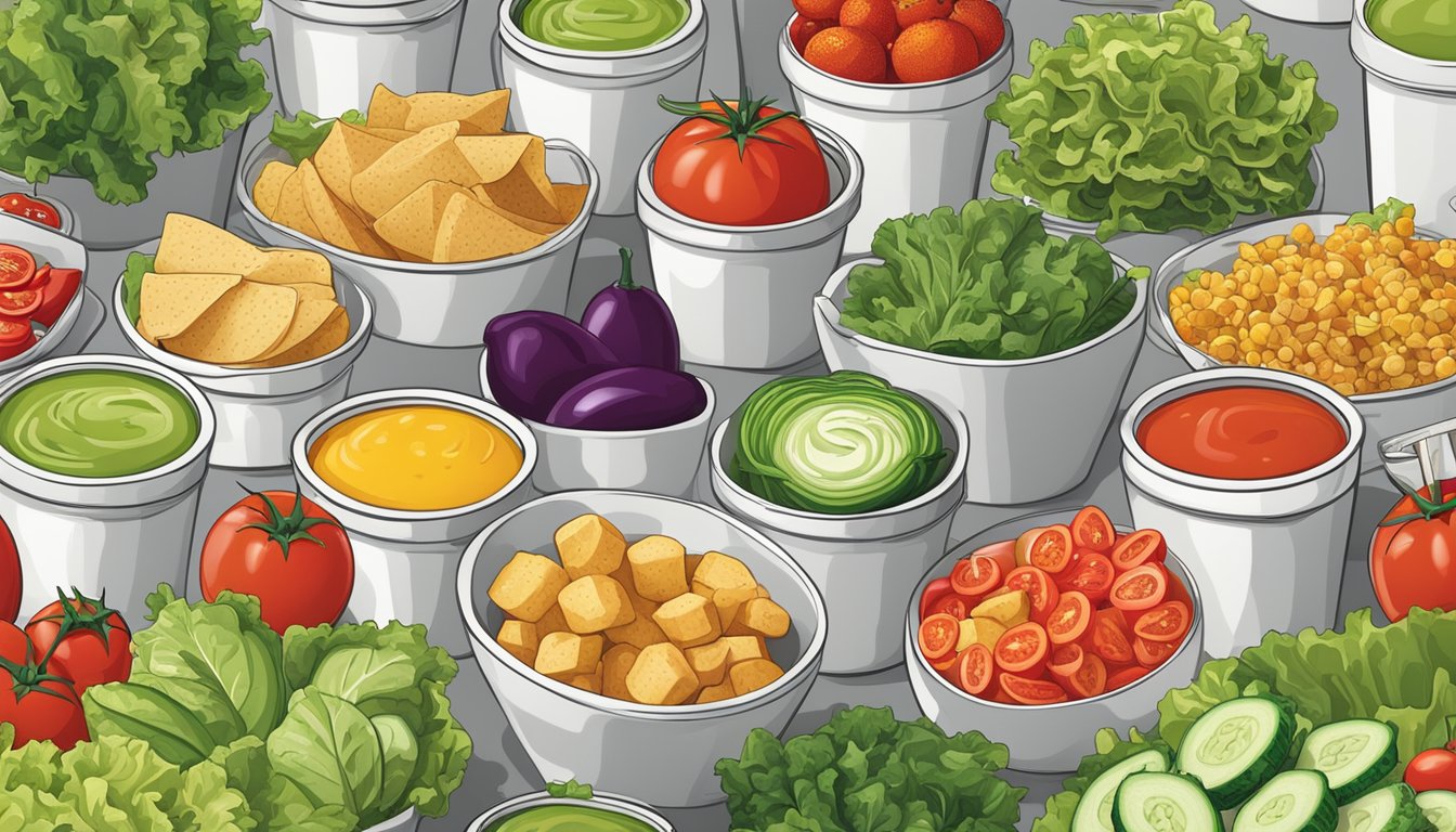 A colorful array of fresh vegetables, including lettuce, tomatoes, and cucumbers, are neatly arranged next to a variety of low-fat salad dressings and condiments at a McDonald's restaurant