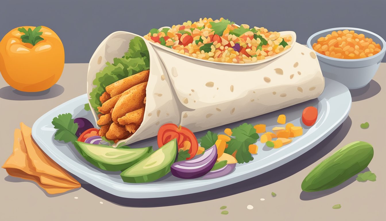 A colorful, hand-held chicken burrito sits on a plate surrounded by fresh vegetables and grains. The packaging displays the expiration date prominently