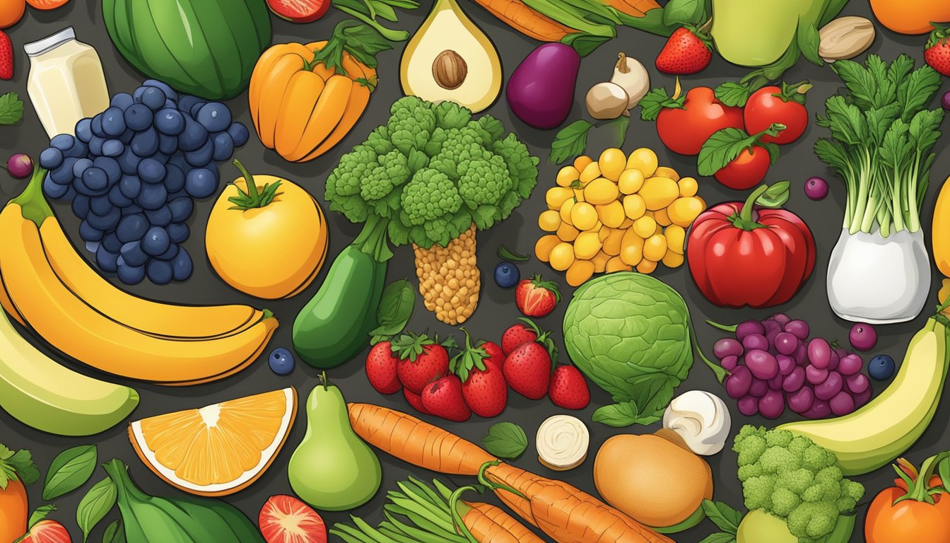 A colorful array of fresh fruits and vegetables arranged in a bountiful display, surrounded by whole grains, lean proteins, and dairy products