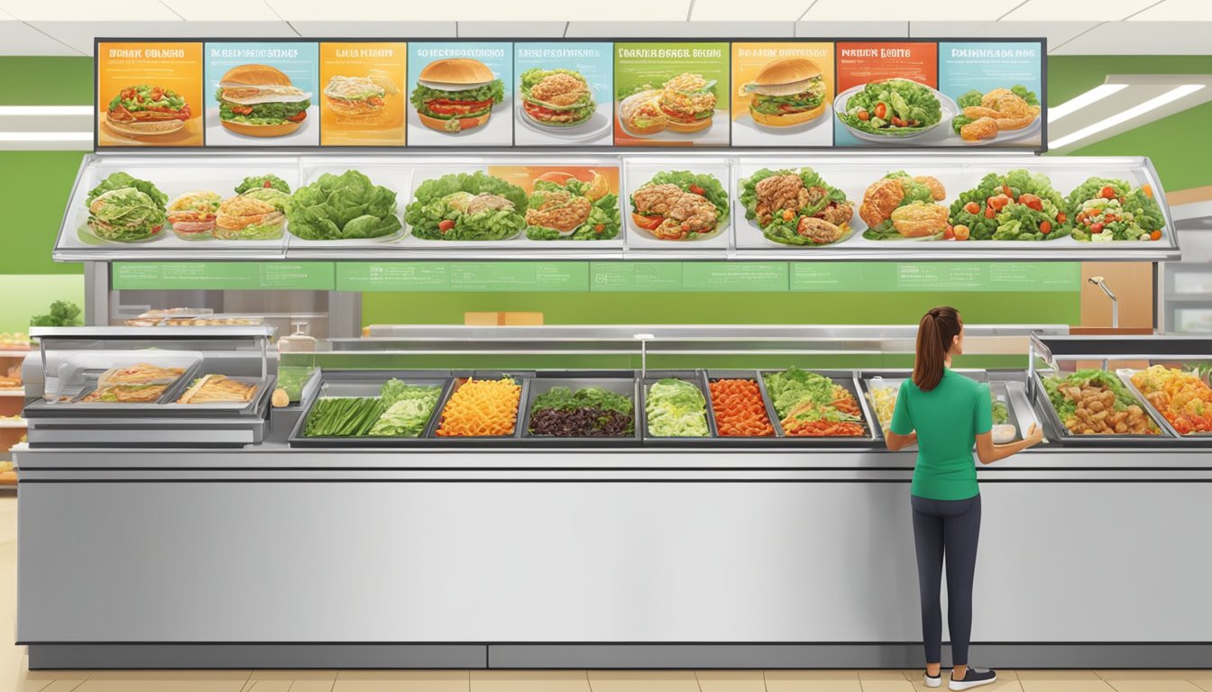 A customer at McDonald's customizing a salad with fresh vegetables and grilled chicken, while a variety of healthy options are displayed on the menu board