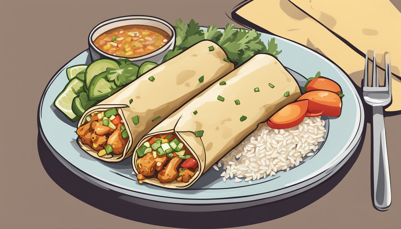 A colorful Evol chicken burrito sits on a plate next to a steaming cup of rice, with fresh vegetables scattered around