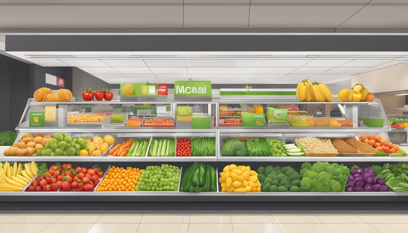 A colorful display of fresh fruits and vegetables arranged neatly next to a variety of healthy meal options at a McDonald's restaurant