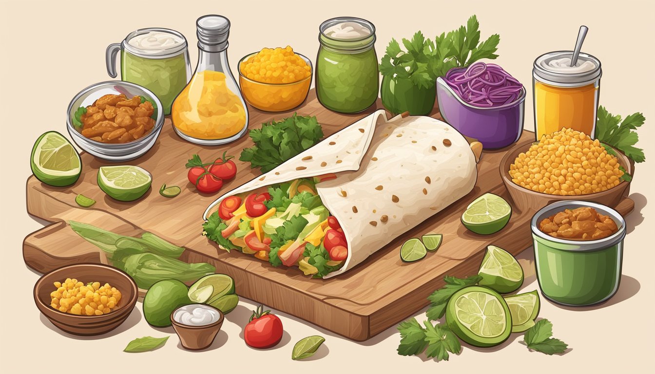 A colorful display of various ingredients and flavors surrounding a freshly made chicken burrito, with options for customization