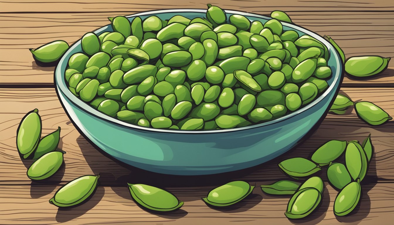 A bowl of edamame sits on a wooden table, surrounded by scattered pods. The vibrant green beans peek out from their shells, hinting at their freshness