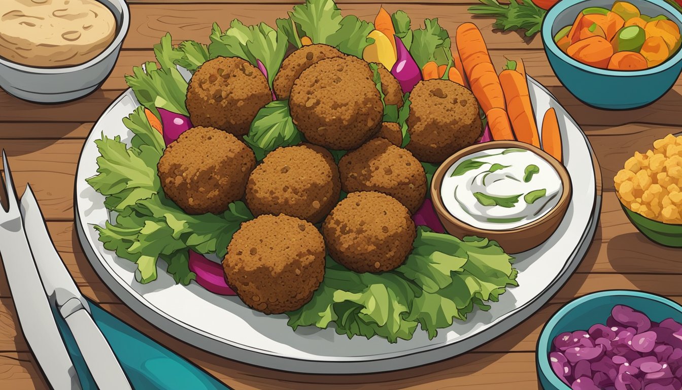 A plate of falafel sits on a wooden table, surrounded by colorful vegetables and pita bread. The falafel appears fresh and crispy, ready to be enjoyed