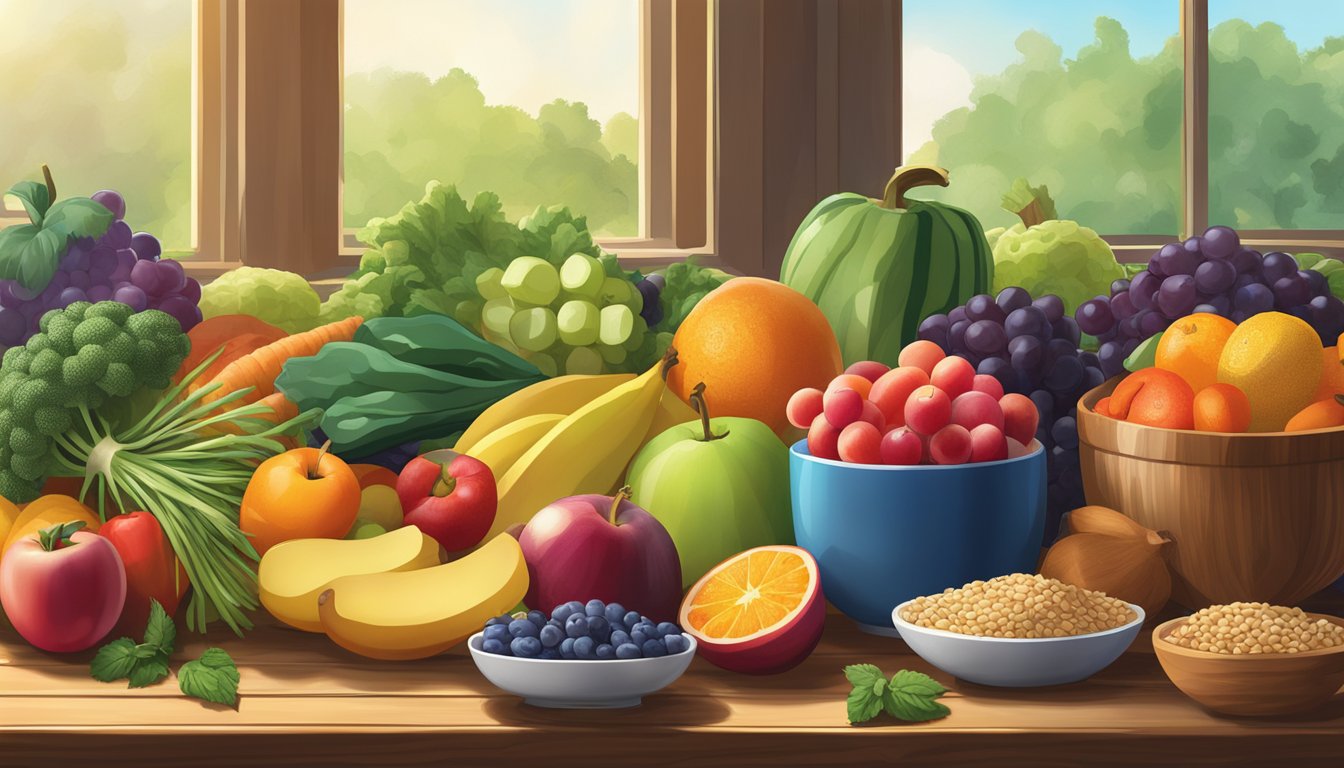 A vibrant array of colorful fruits, vegetables, whole grains, and lean proteins arranged on a wooden table, with natural light streaming in from a nearby window