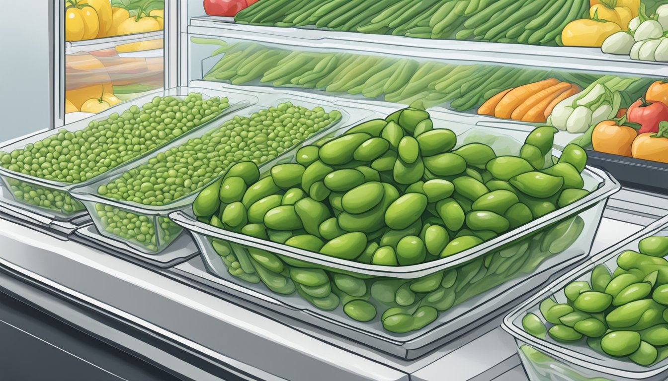 A sealed bag of edamame sits in a refrigerator next to other produce