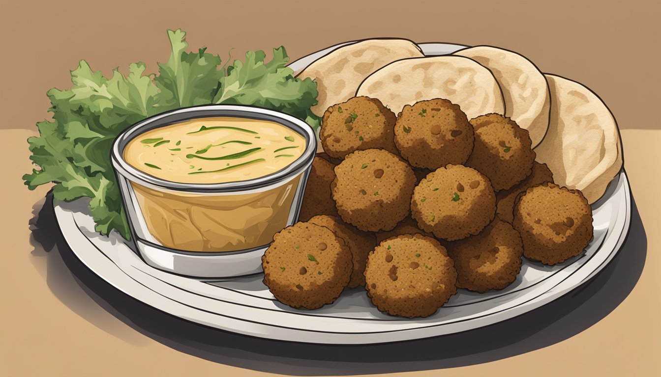 A plate of falafel sits on a kitchen counter next to a container of hummus and pita bread. The falafel is fresh and golden brown, with a crispy exterior